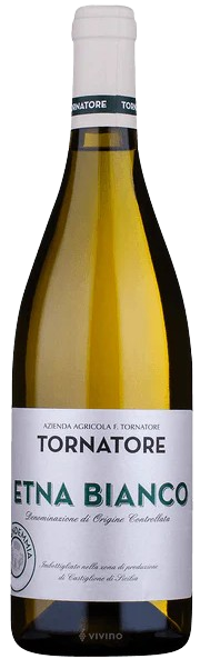 Tornatore Etna Bianco 750 ML wine bottle with a straw yellow hue and a label showcasing its Sicilian heritage.