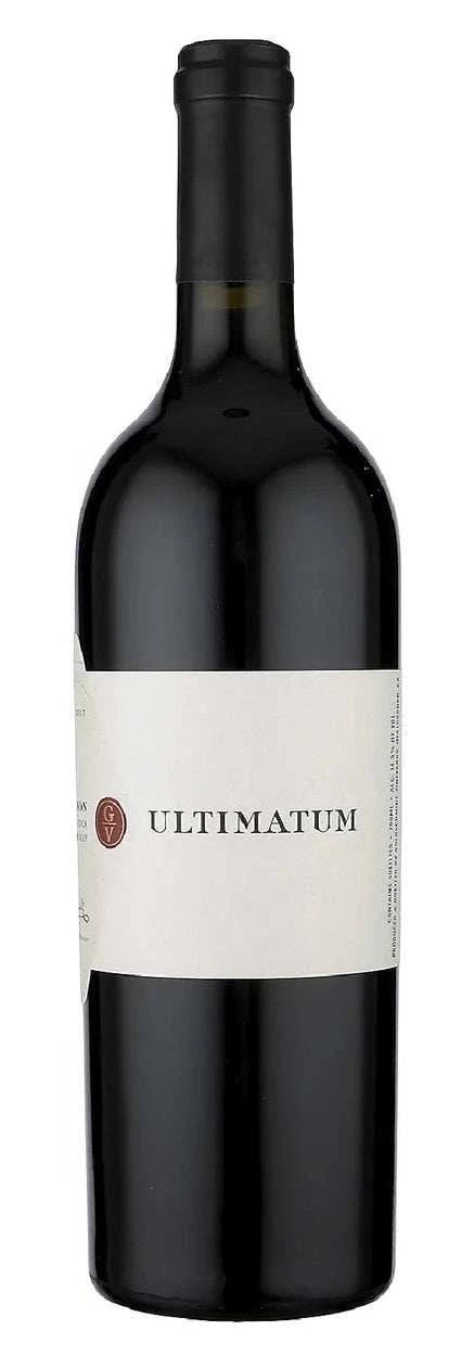 Wine bottle labeled 'Ultimatum' on a white background