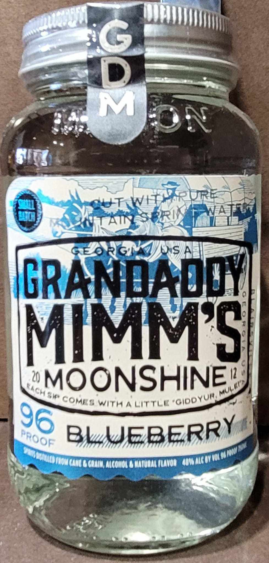 Grandaddy Mimm's Handcrafted Blueberry Moonshine 96 Proof 750 ML bottle with blueberry flavor.