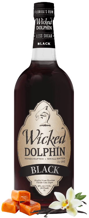Wicked Dolphin Black Rum 1 L bottle with label featuring a dolphin logo, showcasing handcrafted Florida rum.