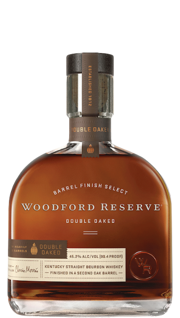 Woodford Reserve Double Oaked Barrel Finish Select Kentucky Straight Bourbon Whiskey 1L bottle with rich amber whiskey inside