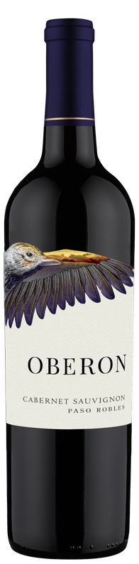 Oberon Cabernet Sauvignon Paso Robles 2022 bottle with pelican label design and rich red wine inside