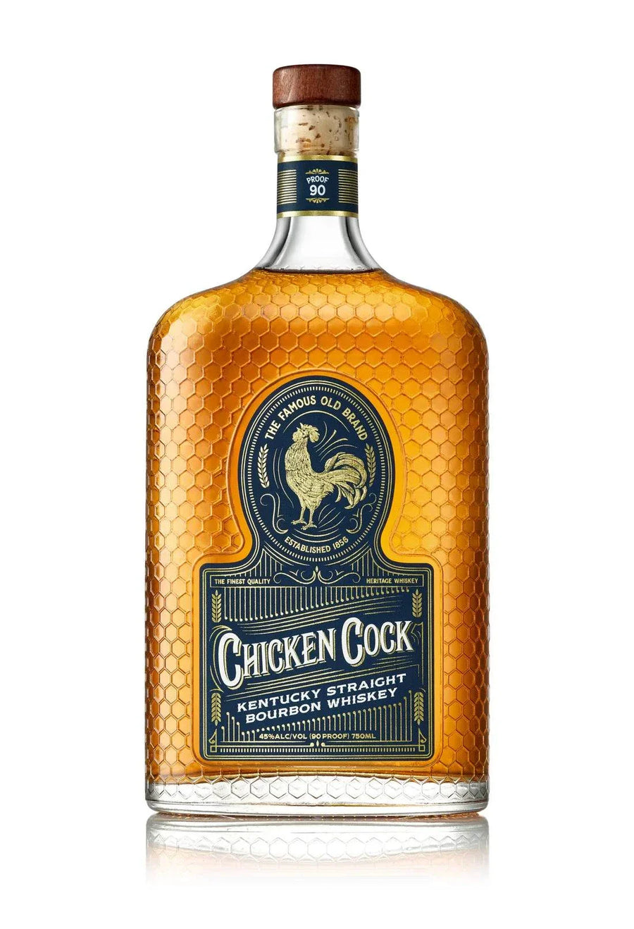 Bottle of Chicken Cock Kentucky Straight Bourbon Whiskey 90, 750ml showcasing rich amber color and classic label design