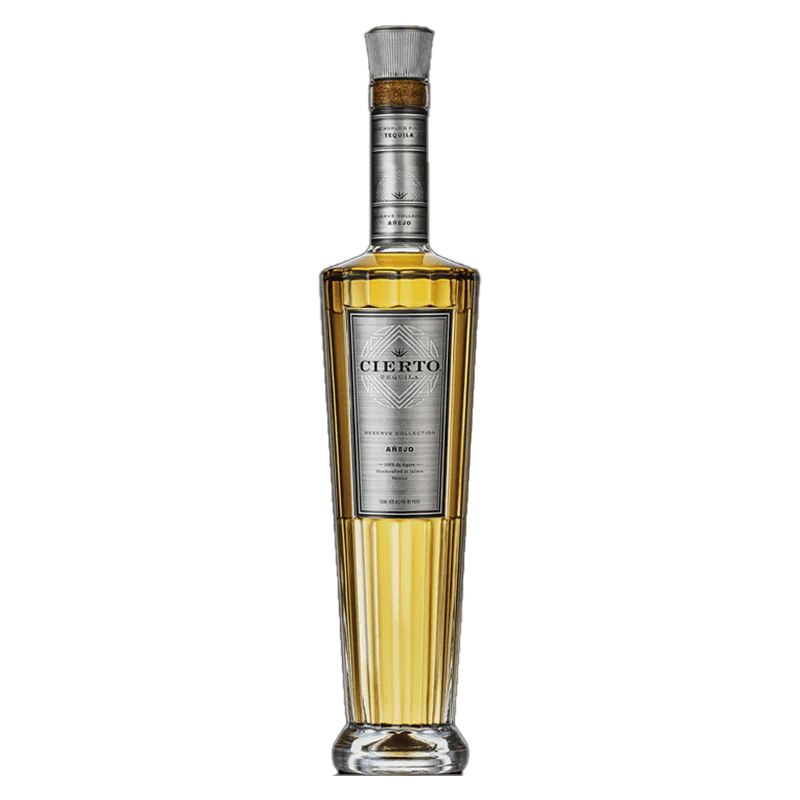 Bottle of 'Cierto' tequila on a white background