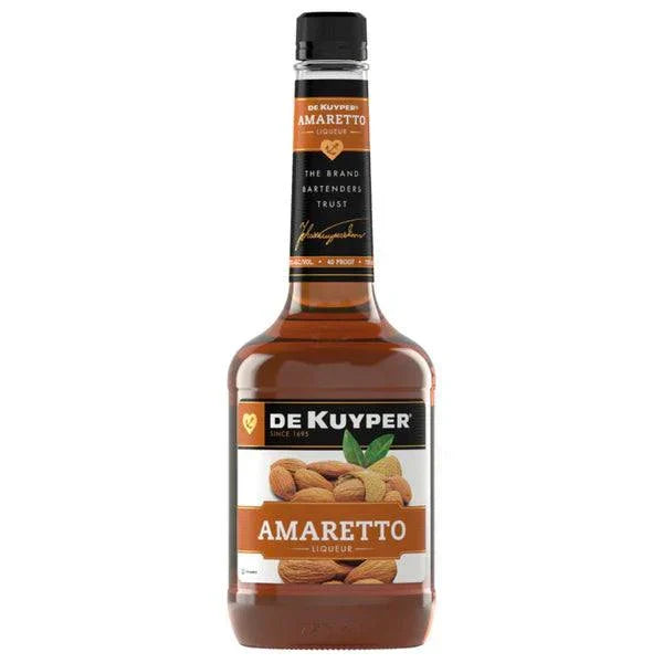 DeKuyper Amaretto 40 750ML bottle with amber almond liqueur on white background