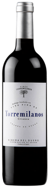 Red wine bottle with 'Torremilanos' label on a white background