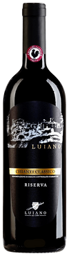 Bottle of Luiano Chianti Classico Riserva 2021 750 ML red wine with Tuscan vineyard background