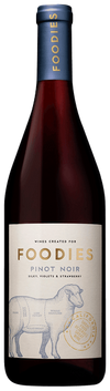 Bottle of Foodies Pinot Noir wine with a white label on a plain background