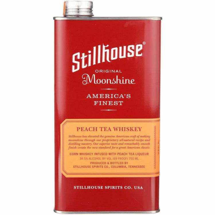 Stillhouse Peach Tea Moonshine 750ml whiskey bottle with red packaging.
