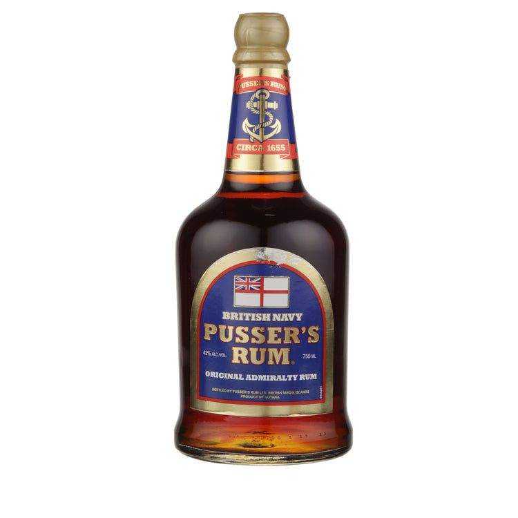 Pusser's Navy Rum 750 ML bottle with British Navy label and anchor design.