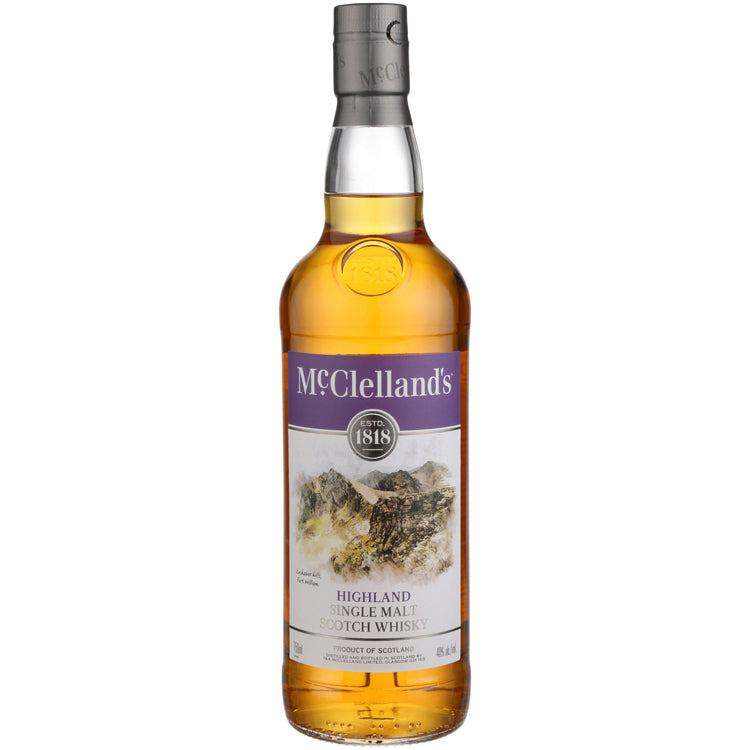 Mcclelland's Single Malt Scotch Highland bottle, 750 ML, showcasing malty, spicy flavor from the Highland region.