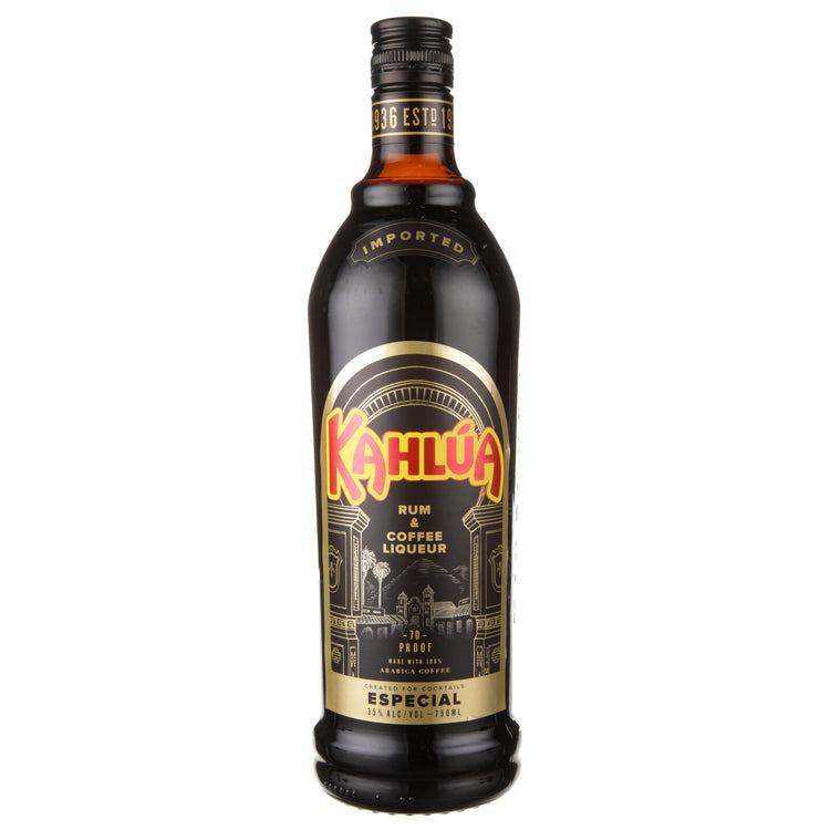 Kahlua Coffee Liqueur Especial 750 ML bottle with label detailing rum and coffee blend.
