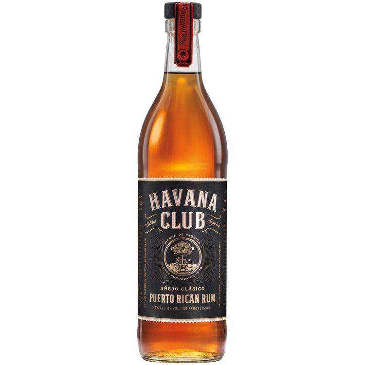 Havana Club Aged Rum Anejo Clasico 750ml bottle with golden color and complex flavor notes.