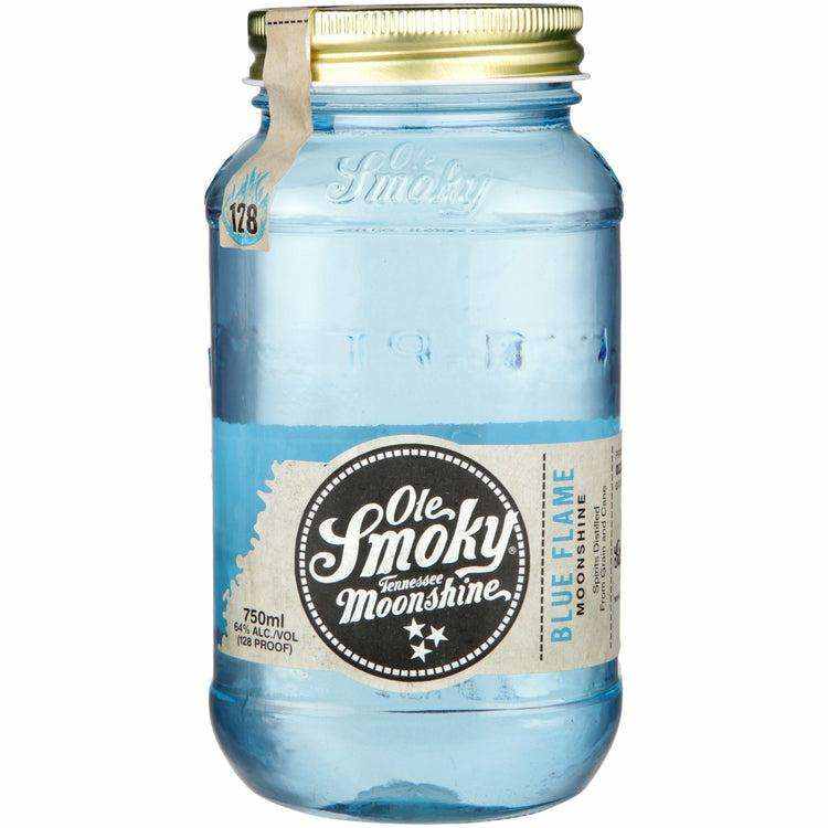 Ole Smoky Blue Flame Moonshine jar, 128 proof, 750 ml, Tennessee distillery.