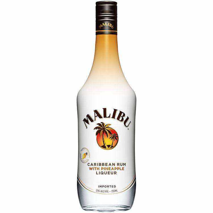 Malibu Pineapple Flavored Rum 750 ML bottle with tropical design.