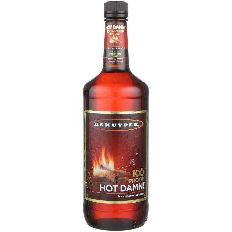 Dekuyper Cinnamon Schnapps Hot Damn! 100 750 ML bottle with fiery cinnamon flavor.