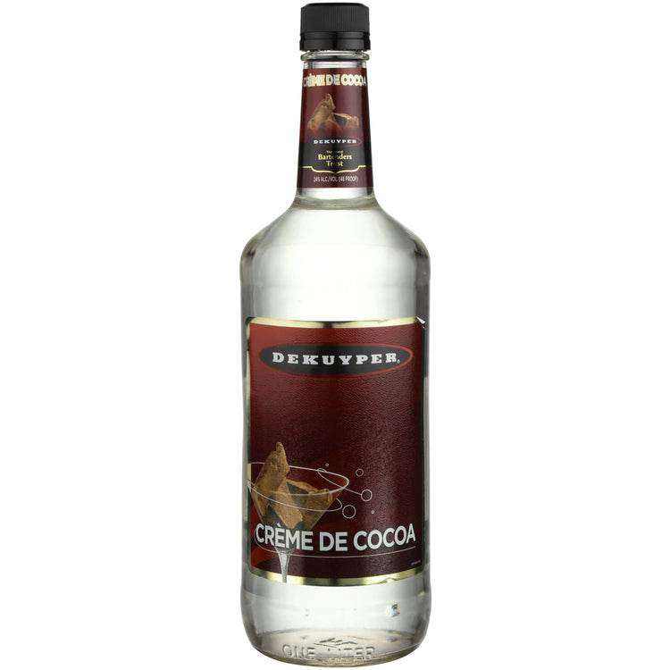 Dekuyper Creme De Cacao White 1L bottle, sweet chocolate liqueur for creamy cocktails.