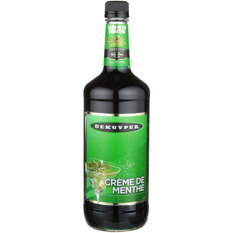 Dekuyper Creme De Menthe Green 750ml bottle with fresh mint and lime design.