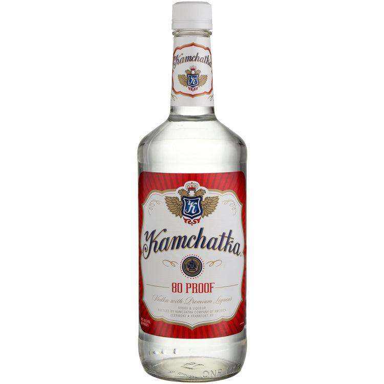 Kamchatka Vodka bottle with red label, 80 proof, 1-liter size.