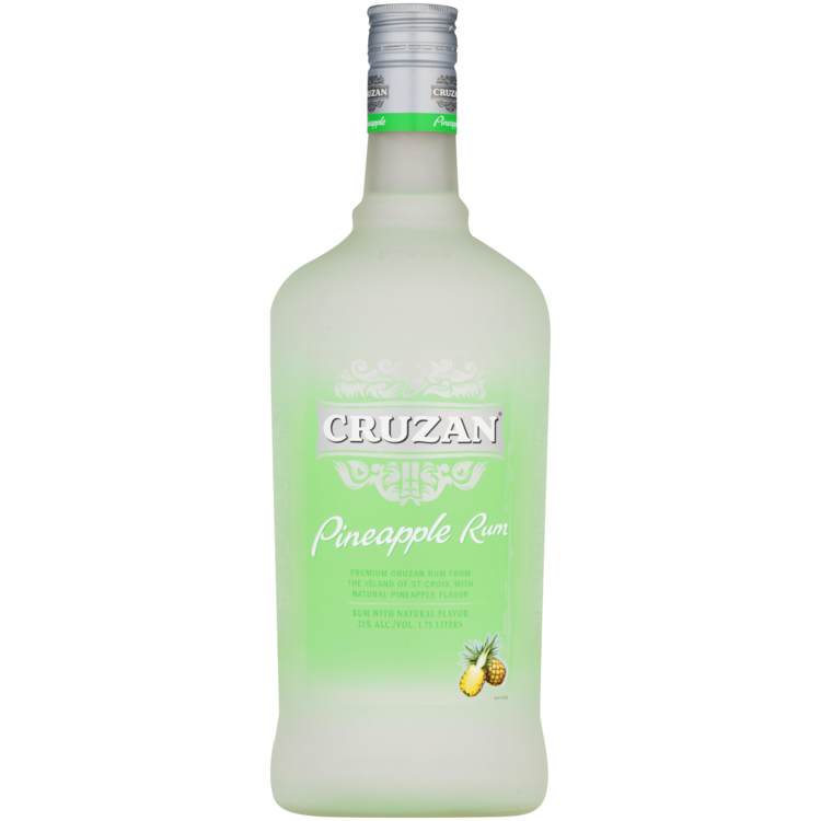 Cruzan Pineapple Flavored Rum 1.75 L bottle featuring tropical design.