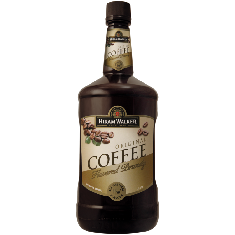 Hiram Walker Coffee Flavored Brandy 1.75 L bottle with label displaying coffee beans.