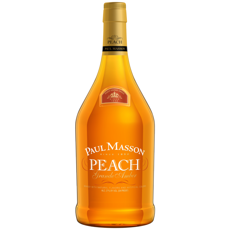 Paul Masson Peach Flavored Brandy Grande Amber 1.75 L bottle with peach label.