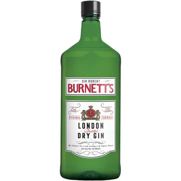 Burnett's London Dry Gin 1.75L bottle featuring quadruple distillation and triple charcoal filtration.