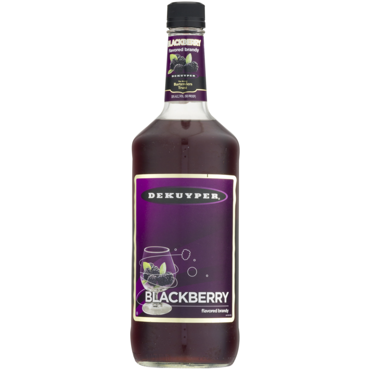 Dekuyper Blackberry Flavored Brandy 1L bottle with rich blackberry and brandy blend.