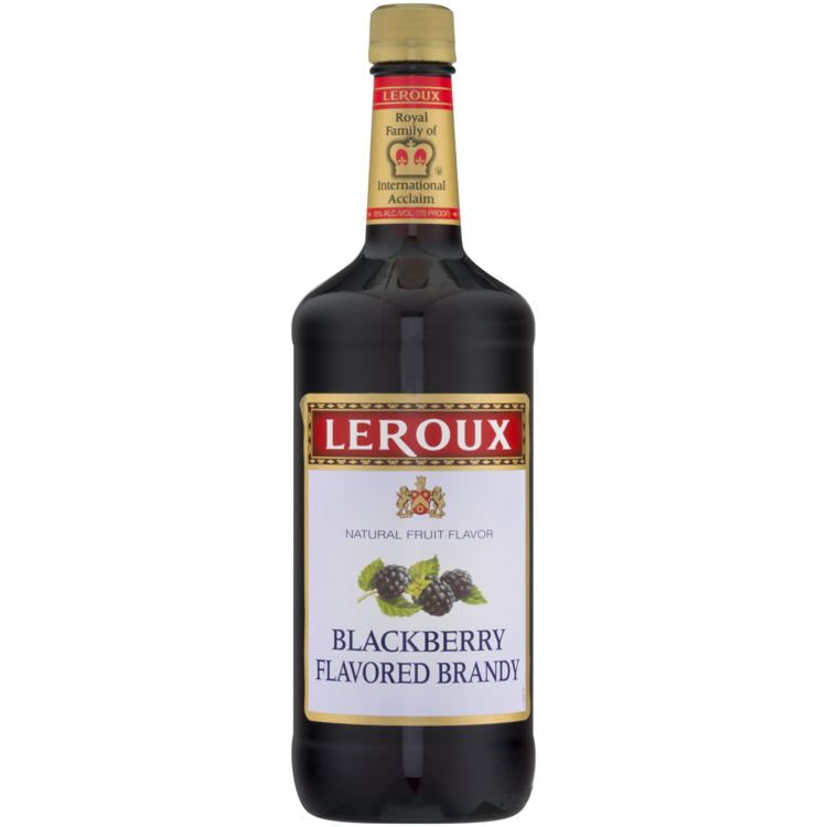 Leroux Blackberry Flavored Brandy 1L bottle with blackberry design and brand label.