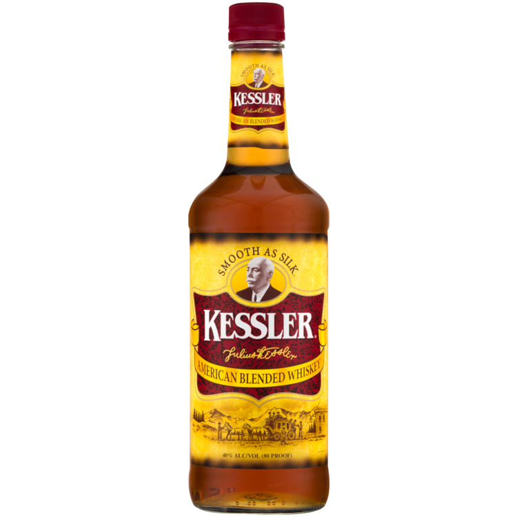 Kessler Blended American Whiskey 750 ML bottle featuring the "Smooth as Silk" slogan.