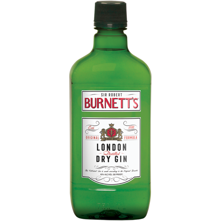 Burnett's London Dry Gin 80 750 ML bottle with a green label, USA origin, highlighting crisp taste and notes of spice, clove, honey, and lemon.