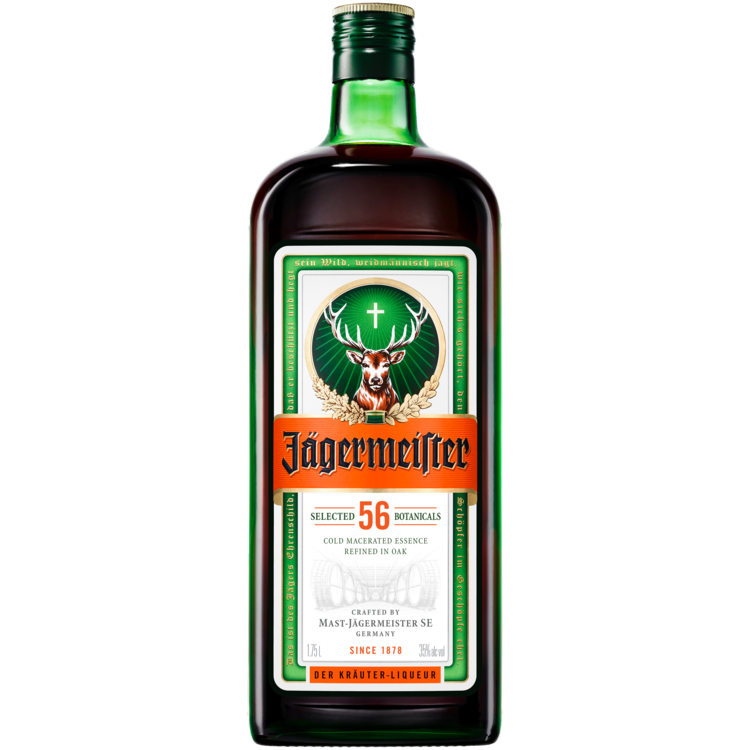 Jagermeister Herbal Liqueur 1.75 L bottle with label featuring 56 botanicals and iconic stag logo.