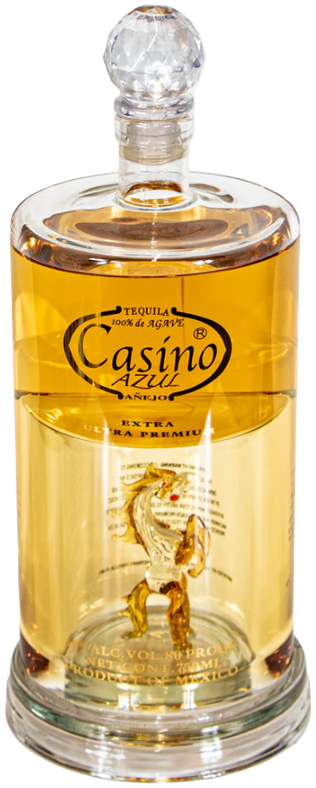 Casino Azul Extra Anejo Tequila 750ml bottle with golden aged tequila and luxury design