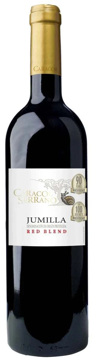 Caracol Serrano Red Blend 750 ML bottle with rich red wine and vineyard background