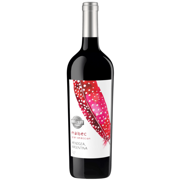 Red wine bottle with a colorful label on a white background