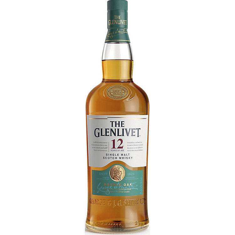 The Glenlivet Single Malt Scotch 12 Yr 1L bottle showcasing smooth Speyside whisky with citrus and vanilla notes