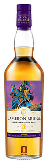 Bottle of Cameron Bridge whisky with a colorful label on a white background