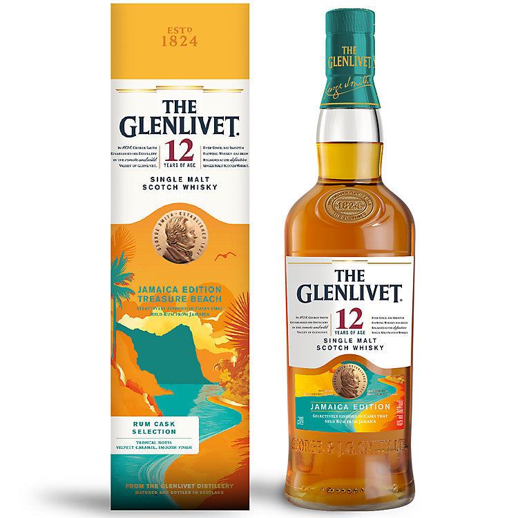 The Glenlivet Single Malt Scotch Jamaica Edition 12 Yr bottle with tropical fruit and vanilla notes
