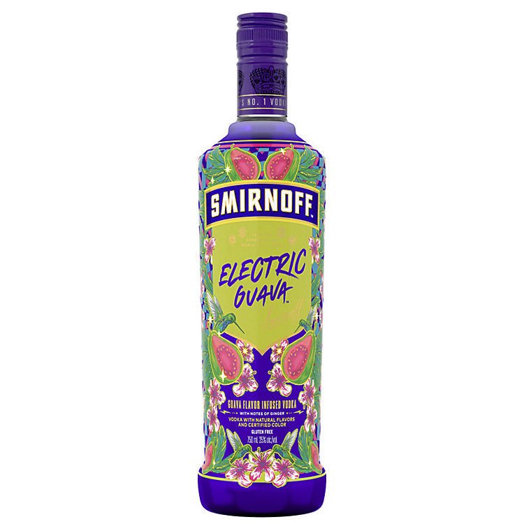 Bottle of Smirnoff Electric Guava Flavored Vodka 750 ML with tropical guava flavor and smooth finish