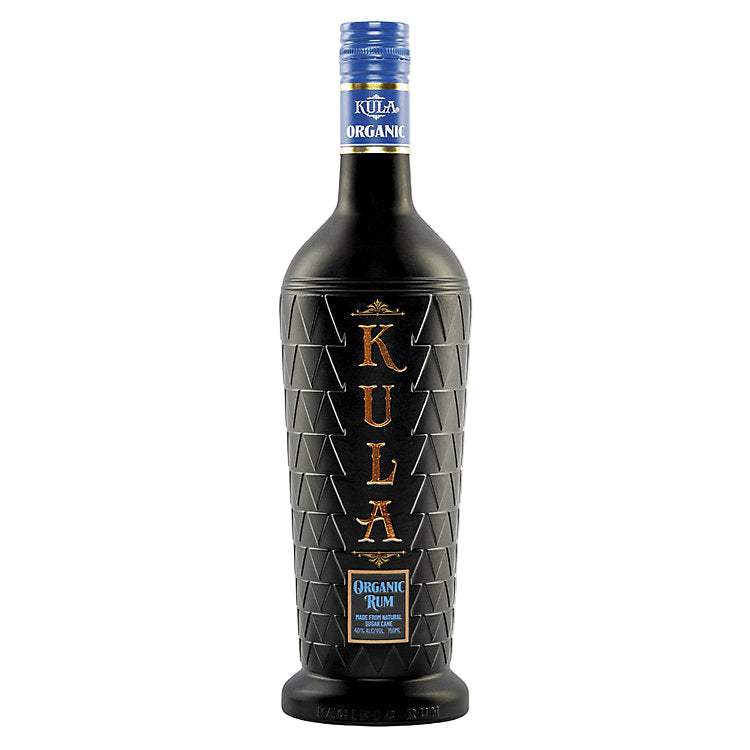 Kula Organic Rum bottle with black textured design on a white background