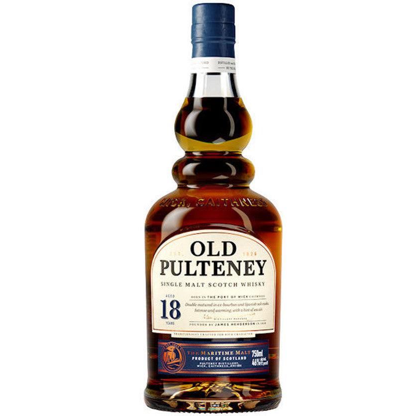 Bottle of Old Pulteney Single Malt Scotch 18 Year, premium Highland whisky with rich maritime flavor